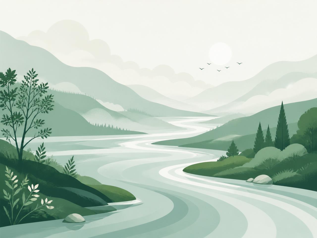 A river winding upstream through a calm valley